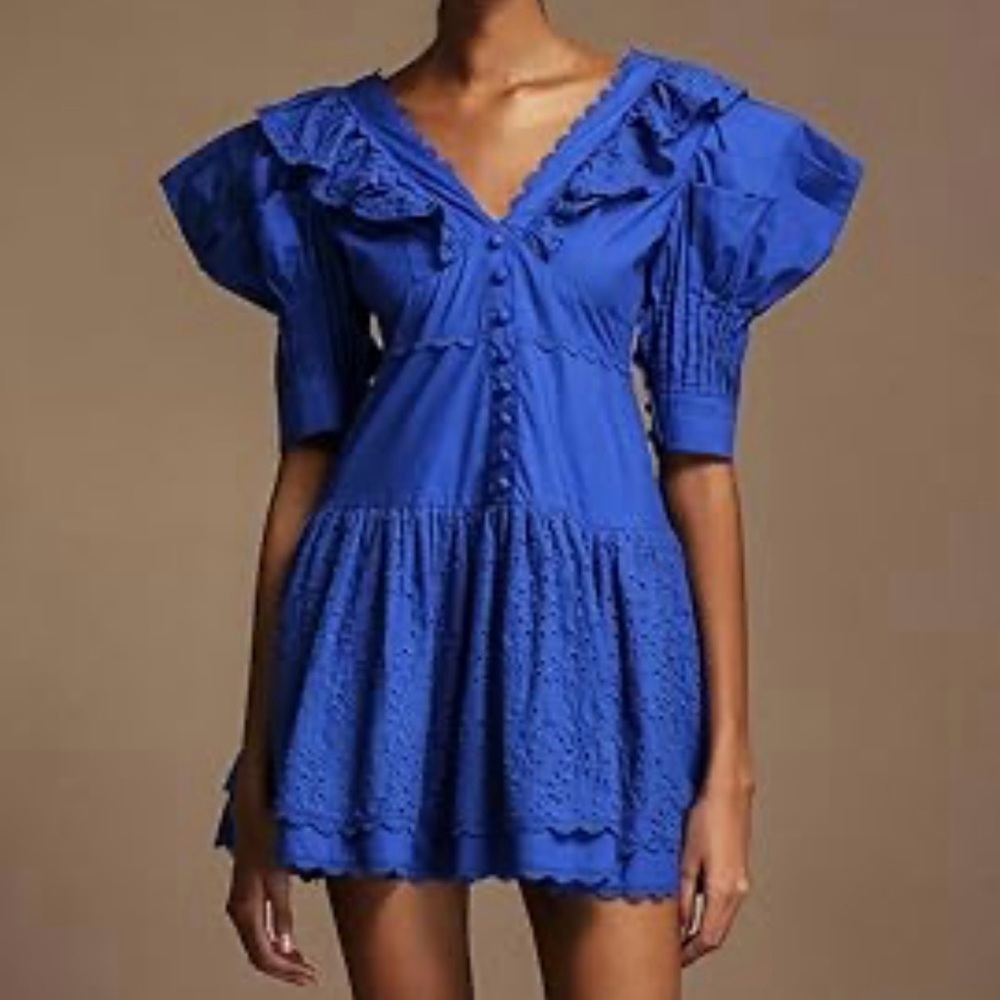 Fancy D Boutique Womens Eyelet Puff Sleeve Mini Dress Sz Large Blue V Neck